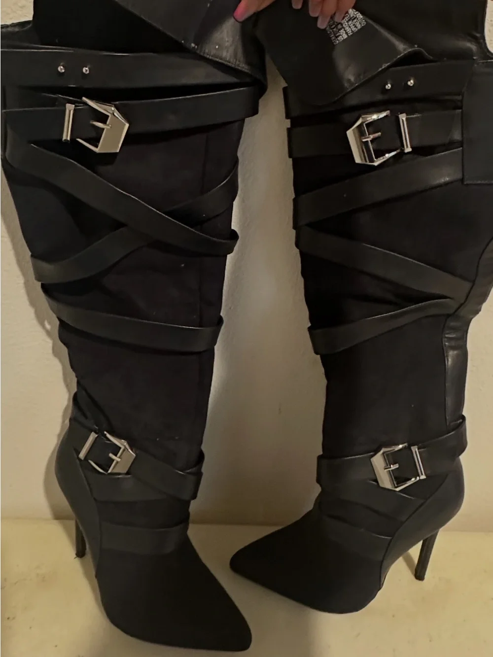 Shoe Dazzle Black Over-the-Knee Strappy Buckle Stiletto Boots